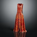 Sleeveless Long Dress With Orange Red Floral Pattern And Button Accents