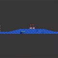 Cartoon Mini Golf Course Scene with Green Path Blue Borders Red Flag and Buckets
