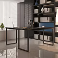 Modern Desk Interior With Laptop Magazine Bookshelf Table Lamp And Potted Plant