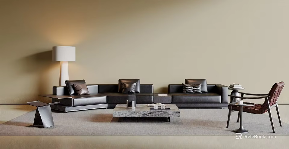 Black L Shaped Sofa With Decorative Pillows And Marble Top Coffee Table Set 3d model