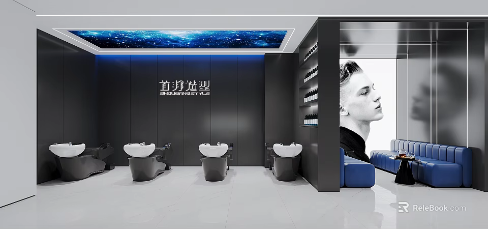 Modern Hair Salon Interior Features White Wash Basins Black Walls Starry Ceiling And Blue Sofas 3d model 