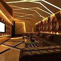 Modern KTV Interior Design With Comfortable Sofas Geometric Walls Ceiling Lights And TV 3d model