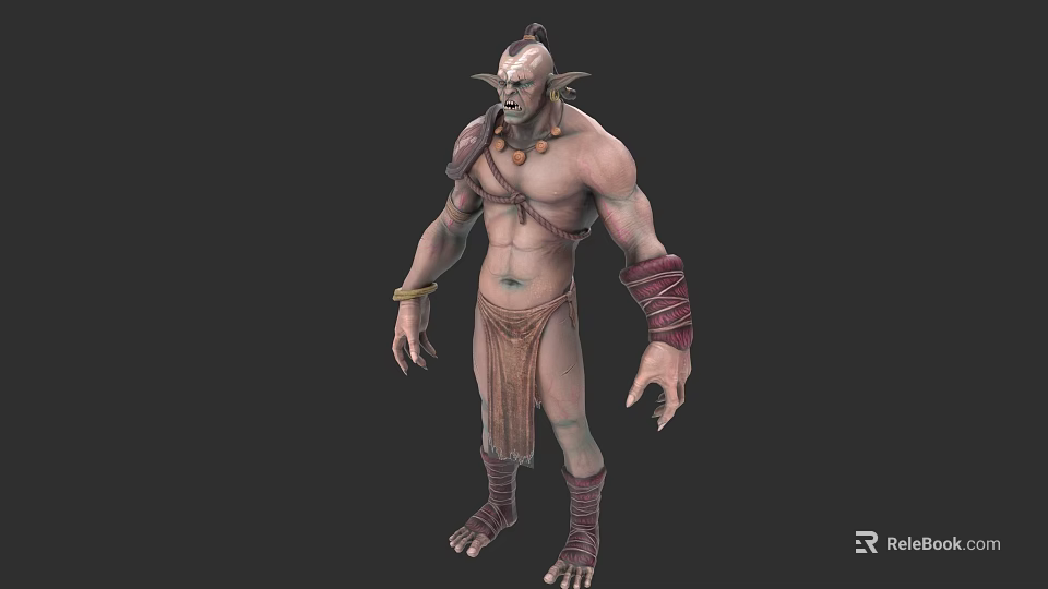Mythical Creature Sculpture Detailed Carving With Muscular Body Bandaged Arms Legs Spiked Ears And Necklace 3d model 