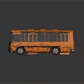 Orange Vintage Bus Model with Windows and Doors on Dark Reflective Background
