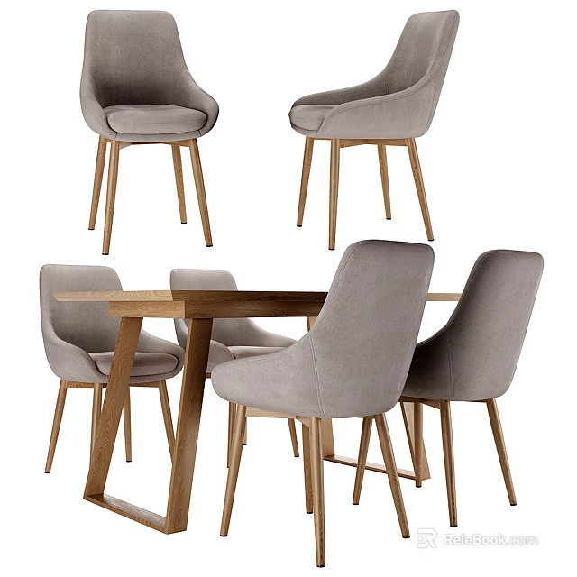 Modern Dining Table Set With Four Gray Upholstered Chairs And Rectangular Wooden Table 3d model
