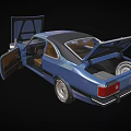 Blue Spirit Car With Open Doors And Hood Revealing Engine And Interior Details