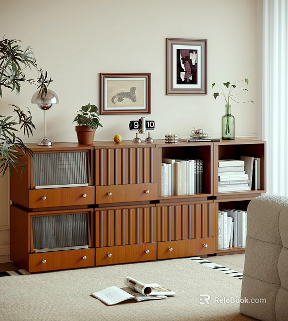 Wooden Decorative Cabinet With Drawers Shelves Potted Plant Lamp Photo Frames Vase And Books 3d model 