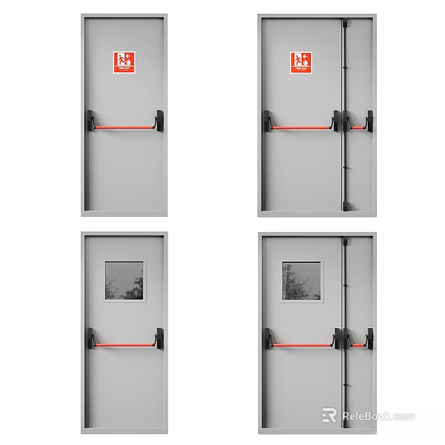 Gray Fire Safety Swing Doors With Red Push Bars And Small Glass Panels 3d model 