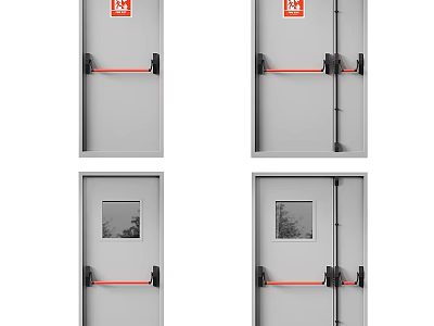 Gray Fire Safety Swing Doors With Red Push Bars And Small Glass Panels 3d model