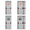 Gray Fire Safety Swing Doors With Red Push Bars And Small Glass Panels