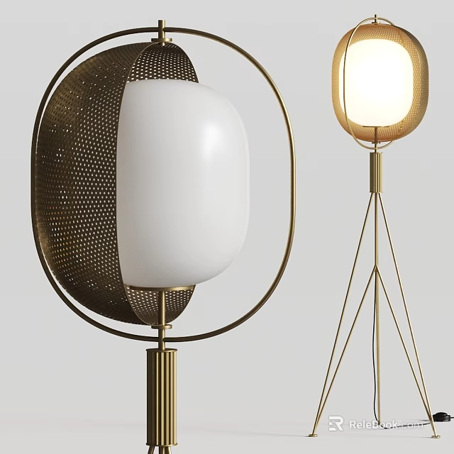 Two Modern Floor Lamps With Golden Frames And White Shades 3d model 