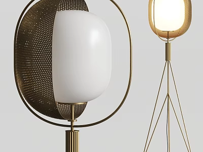 Two Modern Floor Lamps With Golden Frames And White Shades 3d model