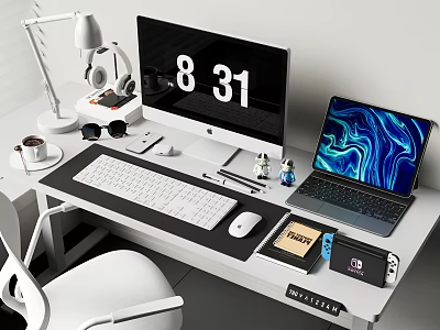 Modern Computer Workstation With Desktop Monitor Laptop Keyboard Mouse Desk Lamp And Headphones 3d model