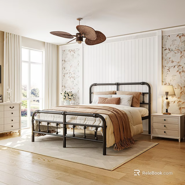 Cozy Bedroom Interior With Black Metal Bed Frame Pillows Blanket Floral Wallpaper And Ceiling Fan 3d model 