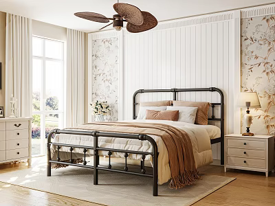 Cozy Bedroom Interior With Black Metal Bed Frame Pillows Blanket Floral Wallpaper And Ceiling Fan 3d model