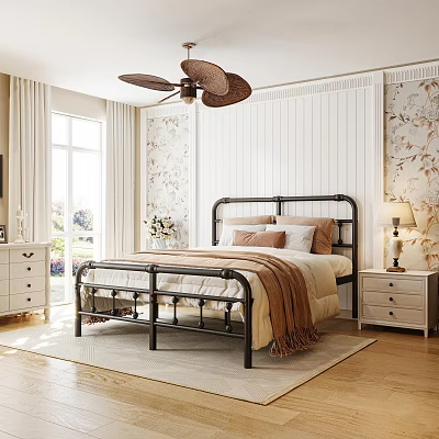 Cozy Bedroom Interior With Black Metal Bed Frame Pillows Blanket Floral Wallpaper And Ceiling Fan 3d model
