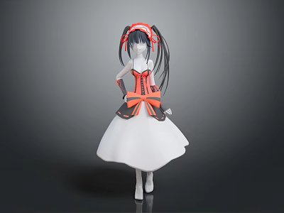 Anime Character Figure With Long Black Hair Red Hair Accessory White Dress And Orange Bow 3d model