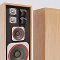 Modern Wooden Tower Speaker With Multiple Red Rimmed Drivers And Sleek Design
