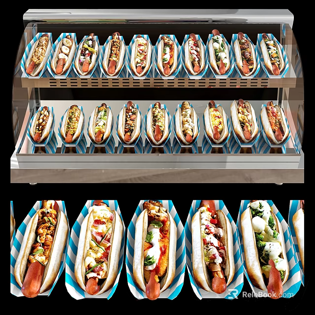 Delicious Hot Dogs With Various Toppings Arranged In Display Case Shelves 3d model 