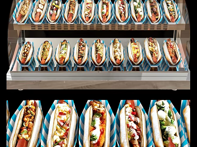 Delicious Hot Dogs With Various Toppings Arranged In Display Case Shelves 3d model