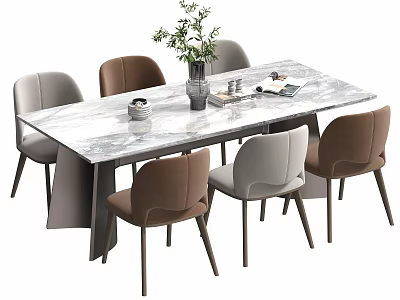 Modern Dining Table Set with Marble Top and Six Grey Brown Chairs with Plant Decoration 3d model