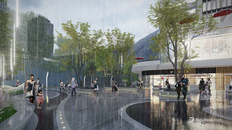 Rainy Day Plaza Landscape With Modern Buildings Trees Circular Walkways Water Pools And People Walking 3d model 