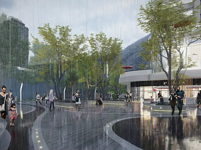 Rainy Day Plaza Landscape With Modern Buildings Trees Circular Walkways Water Pools And People Walking 3d model