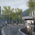 Rainy Day Plaza Landscape With Modern Buildings Trees Circular Walkways Water Pools And People Walking