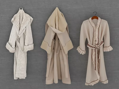 Three Stylish Bathrobes Hanging On Gray Background With Various Designs And Neutral Colors 3d model