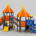Colorful Kids Playground Structure With Orange Yellow Roofs Blue Slides And Staircase