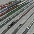 Various Types of Trains Parked on Railway Tracks with Different Colors and Models