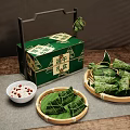 Traditional Dragon Boat Festival Zongzi in Green Gift Box with Reed Leaves and Bamboo Trays