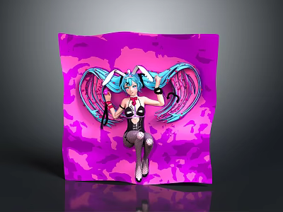 Anime Character With Blue Hair Winged Decorations Black Bodysuit On Purple Background Wielding Weapon 3d model