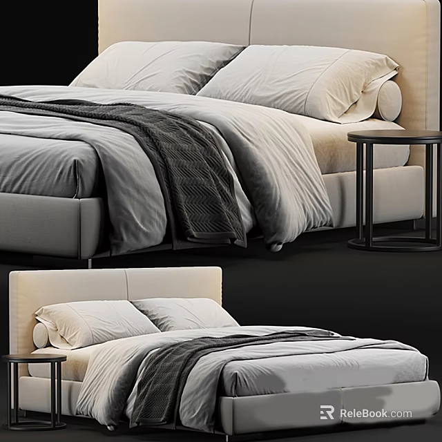 Modern Double Bed Design With Comfortable Mattress Soft Pillows Cozy Sheets And Side Nightstand 3d model 