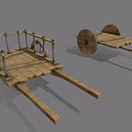 Ancient Wooden Transport Cart With Large Spoked Wheels And Metal Rails