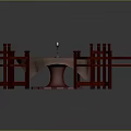 Round Wooden Dining Table Set With Five Red Chairs Patterned Tablecloth And Center Candle