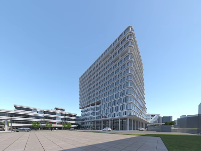 Modern Hospital Building High Rise With Glass Curtain Wall Plaza Parking Lot Trees Blue Sky 3d model