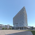 Modern Hospital Building High Rise With Glass Curtain Wall Plaza Parking Lot Trees Blue Sky