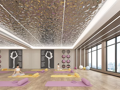 Yoga Studio with People Practicing Yoga Mats Poses Balls Natural Light and Modern Ceiling Design 3d model