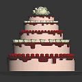Three Tier White Cream Cake With Red Decorations And White Flower On Top