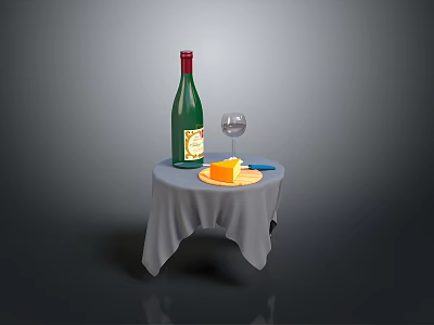 Small Table With Gray Tablecloth Green Wine Bottle Wine Glass And Cheese 3d model
