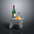 Small Table With Gray Tablecloth Green Wine Bottle Wine Glass And Cheese