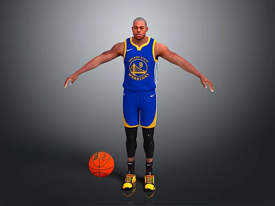 Man in Blue Warriors Basketball Jersey With Arms Outstretched and Orange Basketball 3d model
