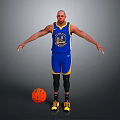 Man in Blue Warriors Basketball Jersey With Arms Outstretched and Orange Basketball