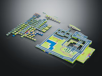 Detailed Architectural Building Layout Plan With Multiple Structures Green Spaces And Roads 3d model
