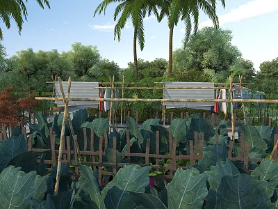 Garden Landscape With Wooden Fence Bamboo Structures Palm Trees Green Plants And Blue Sky 3d model