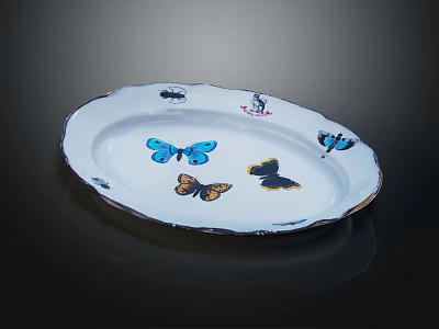 Decorative Oval White Plate With Butterfly And Insect Designs Colorful Edge Accents For Table Decoration 3d model