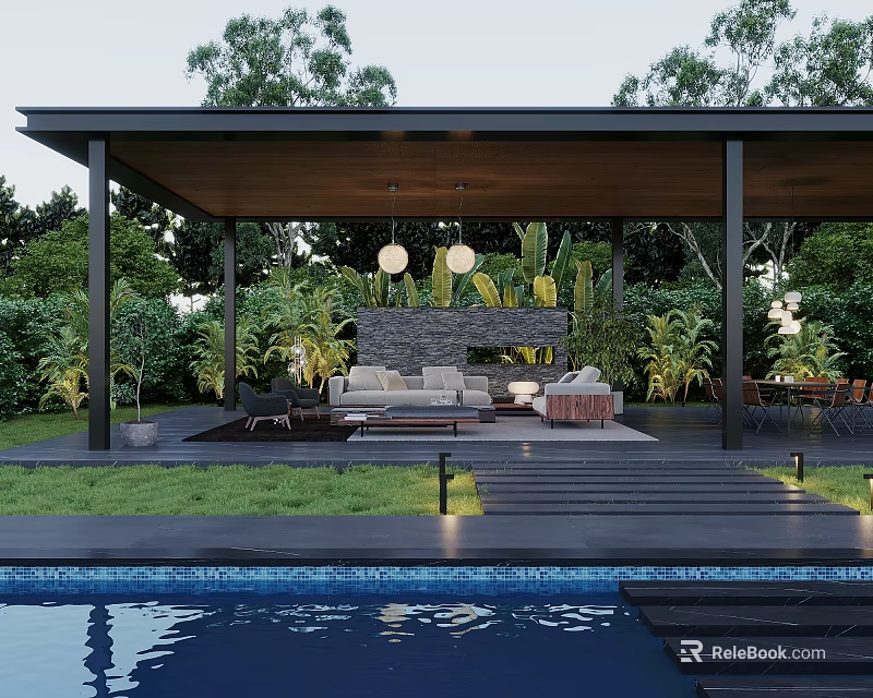 Garden Landscape Featuring Covered Patio Wooden Deck Greenery Pool Stone Wall And Sofa Seating 3d model 