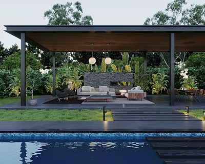 Garden Landscape Featuring Covered Patio Wooden Deck Greenery Pool Stone Wall And Sofa Seating 3d model
