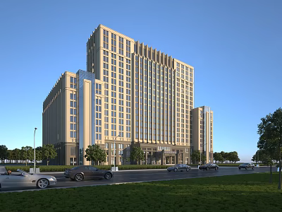 Modern Beige Hotel Building With Large Windows Urban Roadside Trees And Blue Sky 3d model